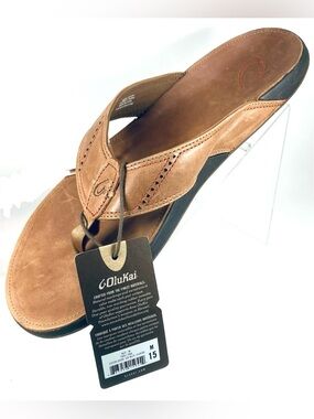 Olukai Nui Mens Sz M 15 Leather Tan Flip Flop Thong Sandals New (Other) w/Tag